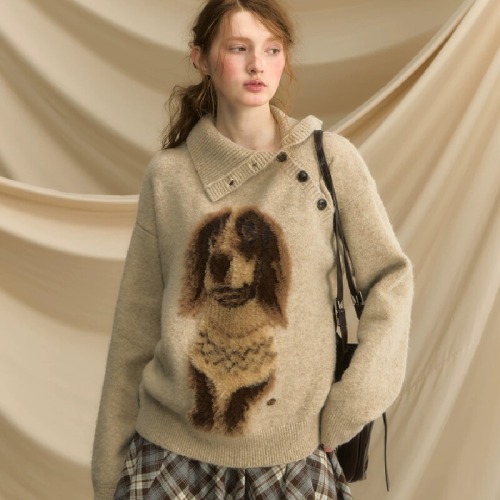 Autumn and winter edgy dog jacquard-patterned pullover—Korean-style, with a soft, cozy, and laid-back vibe, featuring a turn-down collar knitted sweater.