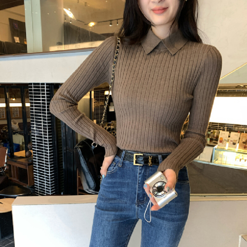 Photo-realistic image, old money style, coffee-colored polo collar slim-fit crew neck knit top for women, autumn and winter POLO shirt top