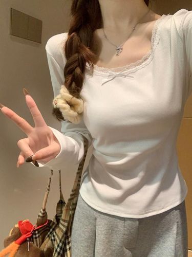 1x1 Duvet Fabric Design-Driven, Niche Lace-Trimmed Long-Sleeve T-Shirt for Women—Autumn/Winter, Low-Neck, Warm-Keeping Base Top with a Purely Alluring Style