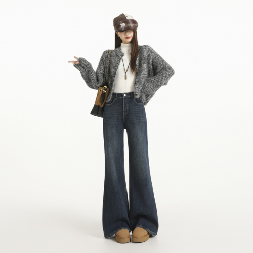 Actual shot~ Thick flannel hot girl four-sided bell-bottom jeans winter new loose slimming non-tight micro-bell bottom pants Instagram