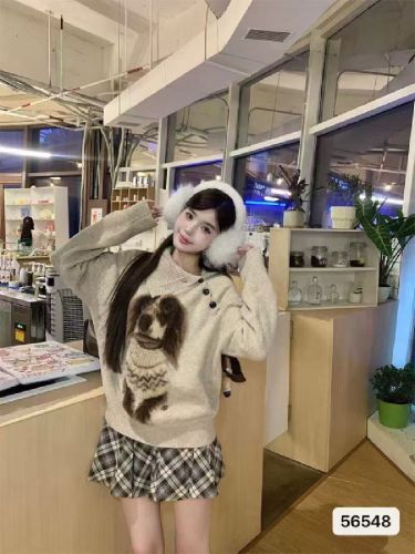 Autumn and winter edgy dog jacquard-patterned pullover—Korean-style, with a soft, cozy, and laid-back vibe, featuring a turn-down collar knitted sweater.