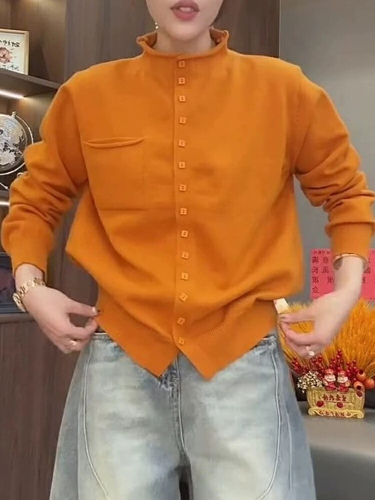 Plus-size, curvy women's stand-collar single-breasted long-sleeved knitted sweater—2025 autumn/winter casual loose-fitting age-reducing sweater jacket for women