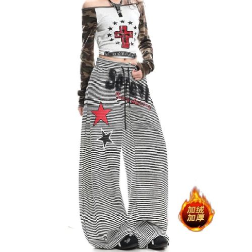 Original quality plush letter print striped women's loose lazy drape lined lined wide-leg knife-cut casual pants