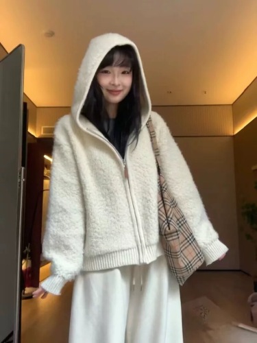 Korean Autumn/Winter New Arrival Korean Dongdaemun Everyday Casual Matchable Circle Knit Hooded Zipper Jacket Top