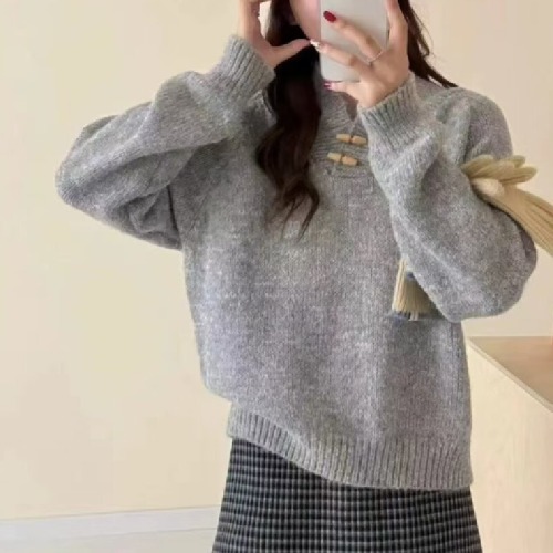 Languid Style Ox Horn Collar Grey Lapel Sweater for Women Early Autumn Wear Plus Size Thick MM Sleeveless Shoulder Knit Top