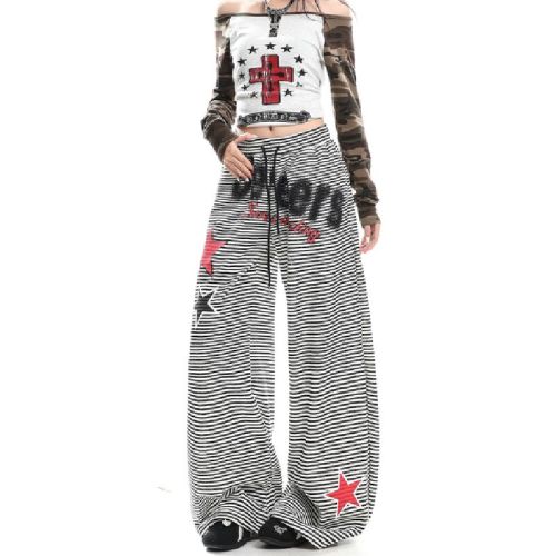 Original quality plush letter print striped women's loose lazy drape lined lined wide-leg knife-cut casual pants