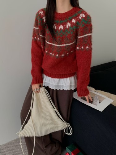 Vintage Fair Isle Sweater for Women - Autumn/Winter 2025 New Arrival - Open Style Christmas Youthful College Style Round Neck Knitwear