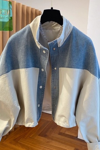 Autumn New European Style Denim Patchwork Stand Collar Jacket Loose Casual Versatile Short Length Jacket Top