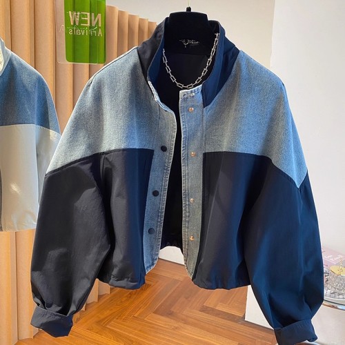 Autumn New European Style Denim Patchwork Stand Collar Jacket Loose Casual Versatile Short Length Jacket Top