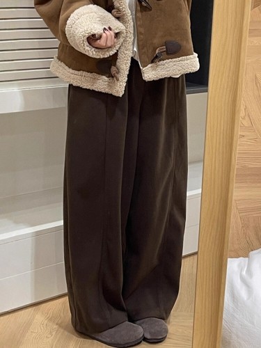 380g Starry Sky Brown Woolen Wide-Leg Pants, Women's Winter Plus-Size Autumn Casual Sweatpants, Paulownia Pants