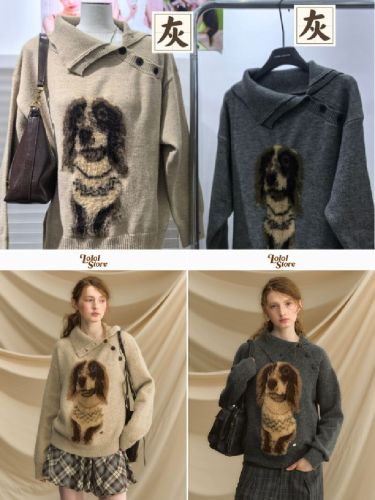 Autumn and winter edgy dog jacquard-patterned pullover—Korean-style, with a soft, cozy, and laid-back vibe, featuring a turn-down collar knitted sweater.