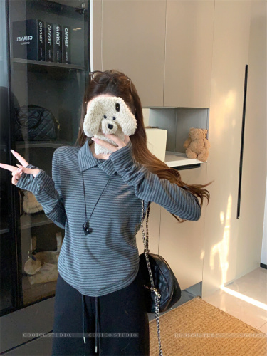 Photographed Autumn/Winter New Fleece Lined Velvety Crew Neck Striped T-Shirt Top for Women