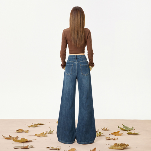 Actual shoot~ Versatile retro micro-wedge lined women's jeans 2025 autumn/winter new high-waisted loose slimming floor-length pants