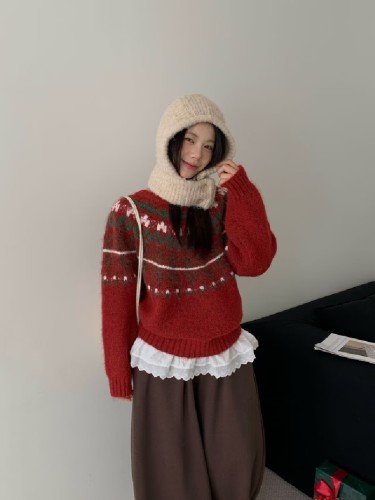 Vintage Fair Isle Sweater for Women - Autumn/Winter 2025 New Arrival - Open Style Christmas Youthful College Style Round Neck Knitwear
