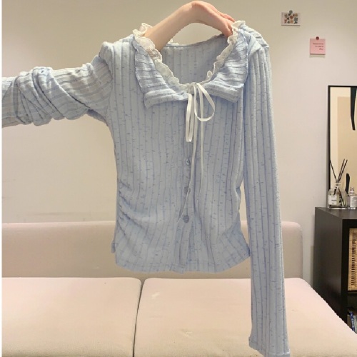 Pure Desire Blue Lace Edge False Two-Piece Long-Sleeve T-Shirt for Women Autumn/Winter Fitted Striped Base Shirt