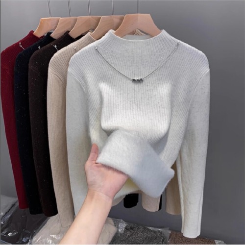 Lustrous seamless half-sleeve women's sweater with extra warm and thick crew neck base layer top 2025 autumn/winter new knitwear fashion top