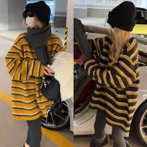 Korean Rabbit Plush 2025 Winter New Striped Color Block Knit Sweater for Women
