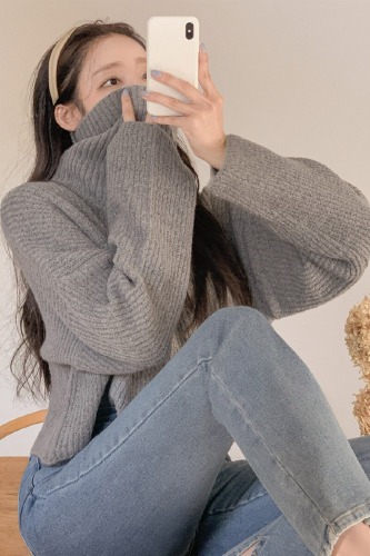 Thick High-Neck Knit Sweater, Korean Style Chic Slouchy Knit Top, Solid Color Long-Sleeve Knit Shirt, Versatile Loose Short Sleeve