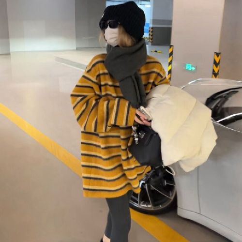 Korean Rabbit Plush 2025 Winter New Striped Color Block Knit Sweater for Women