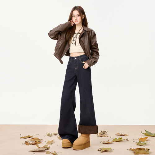 Actual shoot~ Versatile retro micro-wedge lined women's jeans 2025 autumn/winter new high-waisted loose slimming floor-length pants
