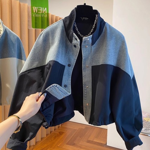 Autumn New European Style Denim Patchwork Stand Collar Jacket Loose Casual Versatile Short Length Jacket Top