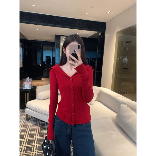 Shot. Red V-neck Knit Cardigan for Women as Innerwear, Fitted Waist, Collar Up Top