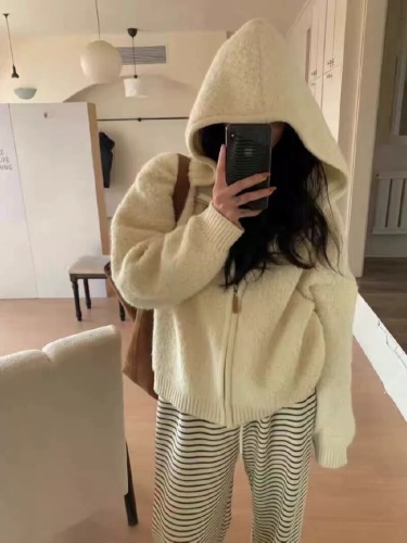 Korean Autumn/Winter New Arrival Korean Dongdaemun Everyday Casual Matchable Circle Knit Hooded Zipper Jacket Top