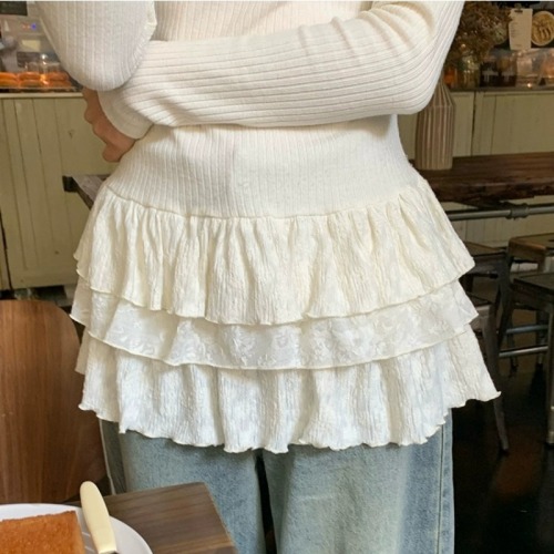 Official Image 2025 New Half-Neck Long-Sleeve T-Shirt Cupcake Skirt Fitted Lace Edge Top for Underwear