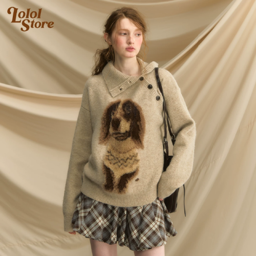 Autumn and winter edgy dog jacquard-patterned pullover—Korean-style, with a soft, cozy, and laid-back vibe, featuring a turn-down collar knitted sweater.