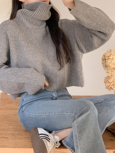 Thick High-Neck Knit Sweater, Korean Style Chic Slouchy Knit Top, Solid Color Long-Sleeve Knit Shirt, Versatile Loose Short Sleeve