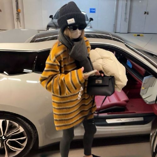 Korean Rabbit Plush 2025 Winter New Striped Color Block Knit Sweater for Women