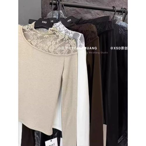 Lace-mesh white mock-neck base shirt for women—new autumn/winter style, slimming and figure-flattering long-sleeved t-shirt top.