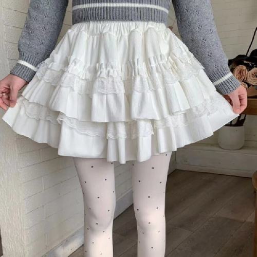 Autumn/Winter Petite Sweet Lace Edge Cake Dress Skirt for Women High-Waisted Slimming Ballgown Semi-Skirt