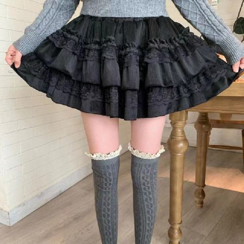Autumn/Winter Petite Sweet Lace Edge Cake Dress Skirt for Women High-Waisted Slimming Ballgown Semi-Skirt