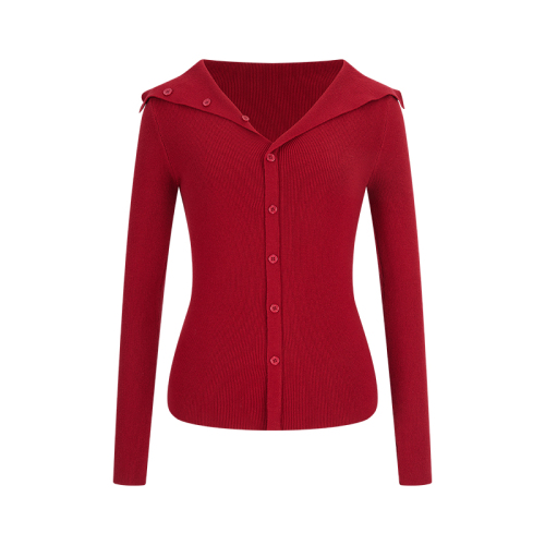 Shot. Red V-neck Knit Cardigan for Women as Innerwear, Fitted Waist, Collar Up Top