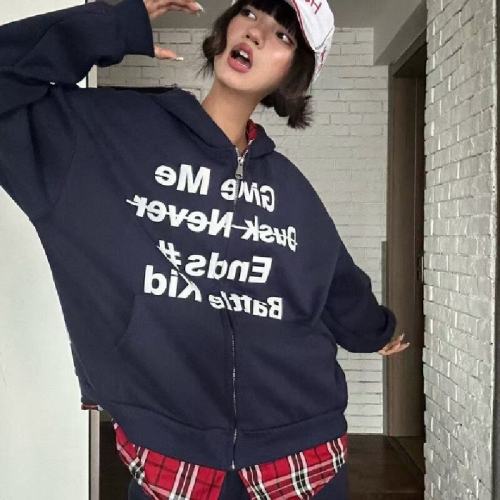 Women's Fall Hooded Cardigan Two-Piece Sweatshirt American Streetwear Trendy Brand Versatile Loose Couple Plaid Outerwear