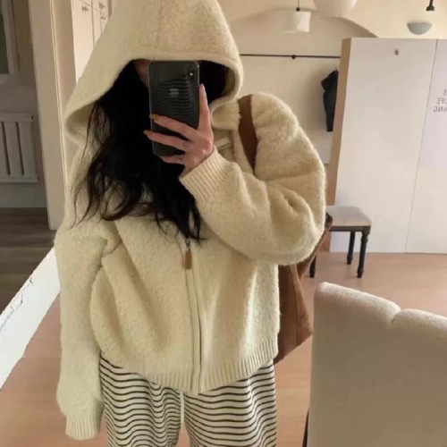 Korean Autumn/Winter New Arrival Korean Dongdaemun Everyday Casual Matchable Circle Knit Hooded Zipper Jacket Top