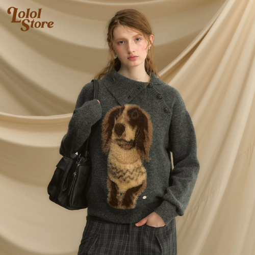 Autumn and winter edgy dog jacquard-patterned pullover—Korean-style, with a soft, cozy, and laid-back vibe, featuring a turn-down collar knitted sweater.