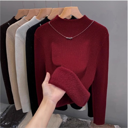 Lustrous seamless half-sleeve women's sweater with extra warm and thick crew neck base layer top 2025 autumn/winter new knitwear fashion top