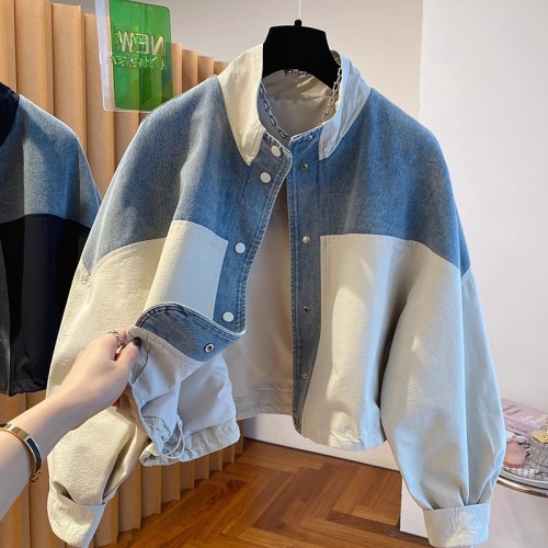 Autumn New European Style Denim Patchwork Stand Collar Jacket Loose Casual Versatile Short Length Jacket Top