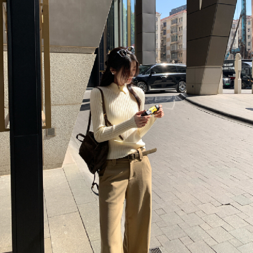 Photo-realistic image, old money style, coffee-colored polo collar slim-fit crew neck knit top for women, autumn and winter POLO shirt top