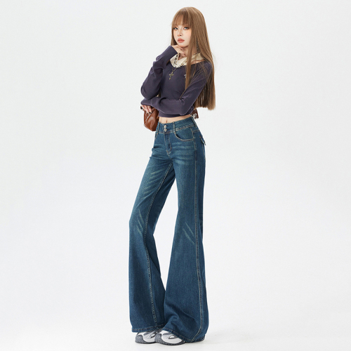 Live-shoot~American deep blue micro-bellied jeans for women 2025 winter new hot girl medium-rise slimming non-tight bell-bottom pants