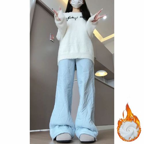 Official Price Cashmere Lamb Wool New Model Northeast Thick Warm Plush Insulated Winter Flannel Wide Leg Pants