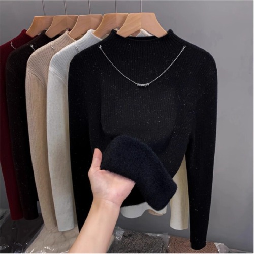 Lustrous seamless half-sleeve women's sweater with extra warm and thick crew neck base layer top 2025 autumn/winter new knitwear fashion top