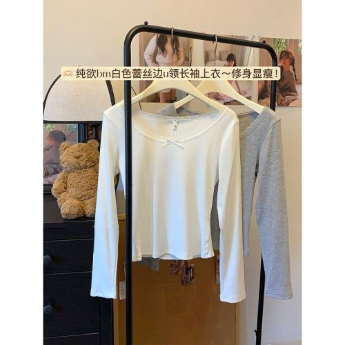 1x1 Duvet Fabric Design-Driven, Niche Lace-Trimmed Long-Sleeve T-Shirt for Women—Autumn/Winter, Low-Neck, Warm-Keeping Base Top with a Purely Alluring Style