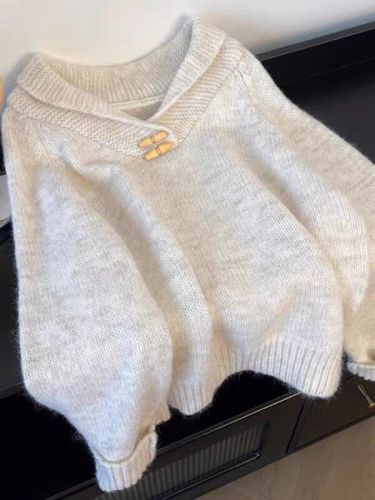 Languid Style Ox Horn Collar Grey Lapel Sweater for Women Early Autumn Wear Plus Size Thick MM Sleeveless Shoulder Knit Top