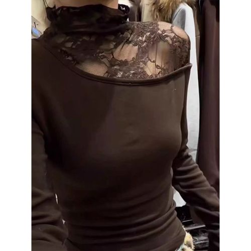 Lace-mesh white mock-neck base shirt for women—new autumn/winter style, slimming and figure-flattering long-sleeved t-shirt top.