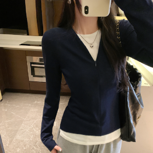 Actual photo zipper contrasting color faux two-piece wool knit base shirt women autumn winter 2025 new slim fit inner top