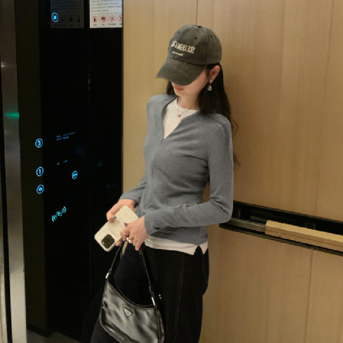 Actual photo zipper contrasting color faux two-piece wool knit base shirt women autumn winter 2025 new slim fit inner top