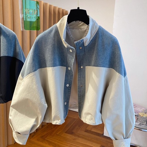 Autumn New European Style Denim Patchwork Stand Collar Jacket Loose Casual Versatile Short Length Jacket Top